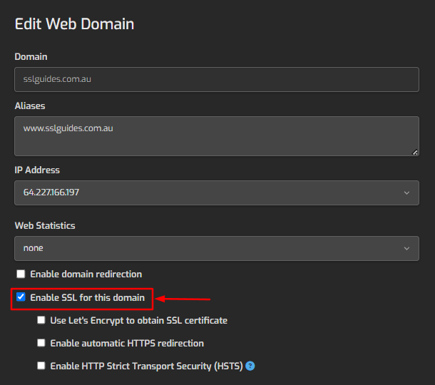 HestiaCP Enable SSL Checkbox