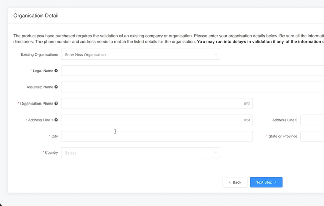 Form to enter organisation details