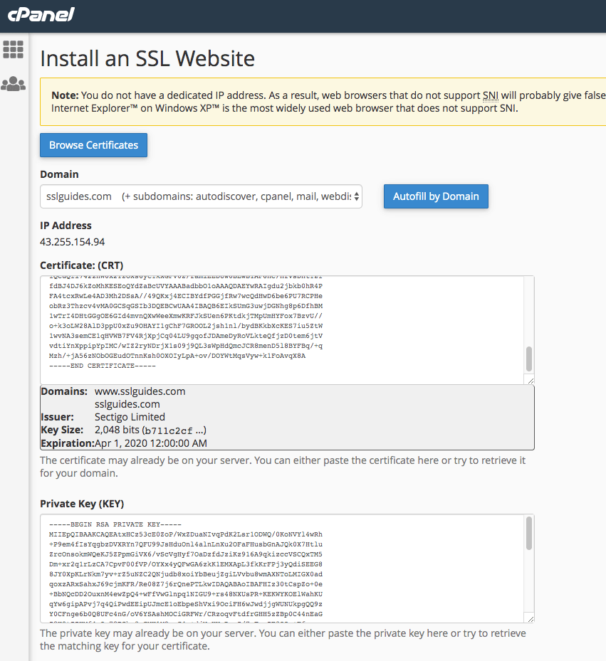 cPanel install ssl