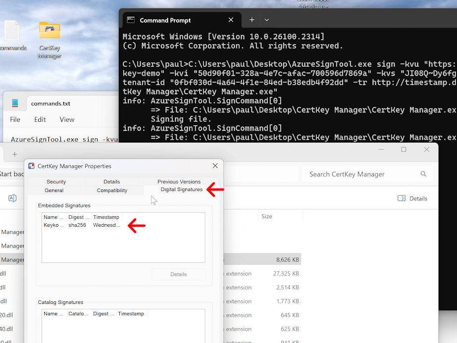 View application properties to see digital signature