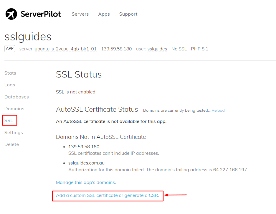 Serverpilot Add Custom SSL from SSL Menu