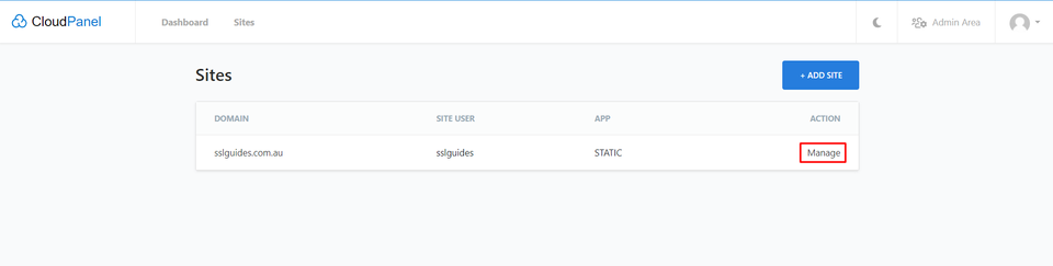 CloudPanel Manage Website