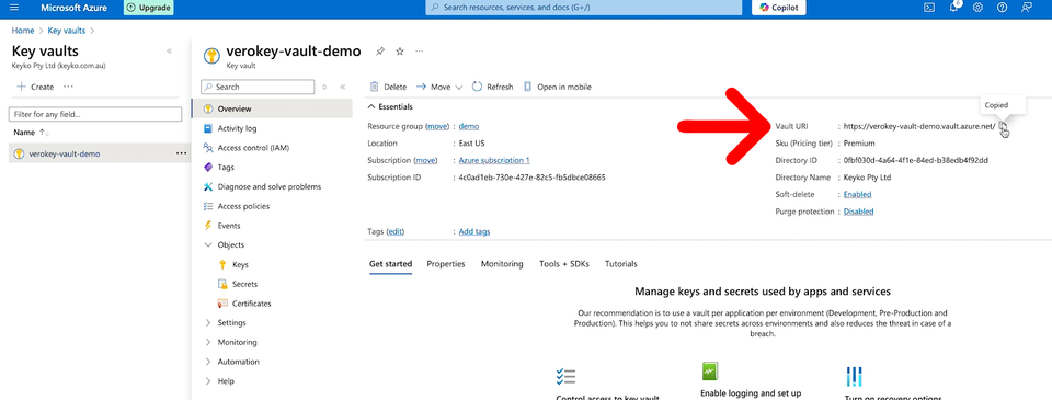 Copy the Azure Key Vault URI