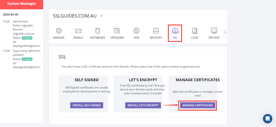 ClusterCS Manage SSL