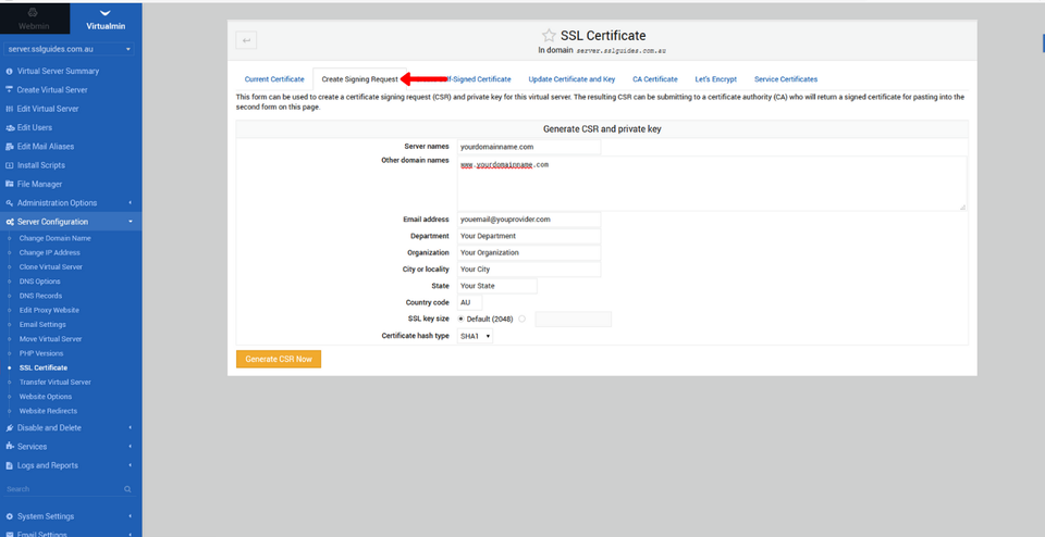 webmin virtualmin create csr