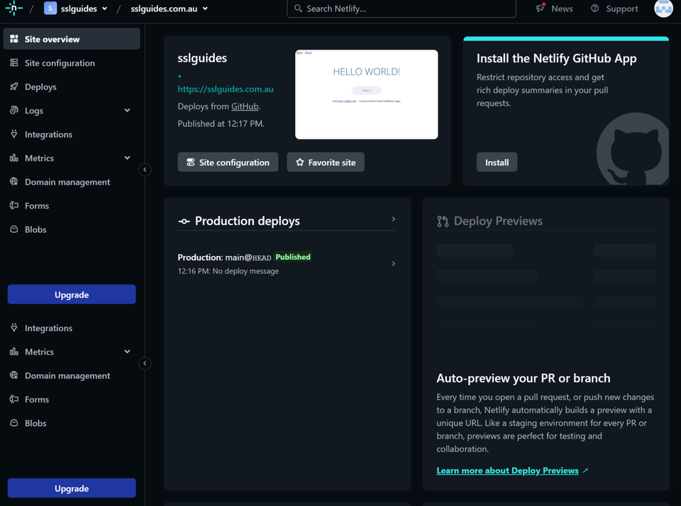 Netlify main dashboard