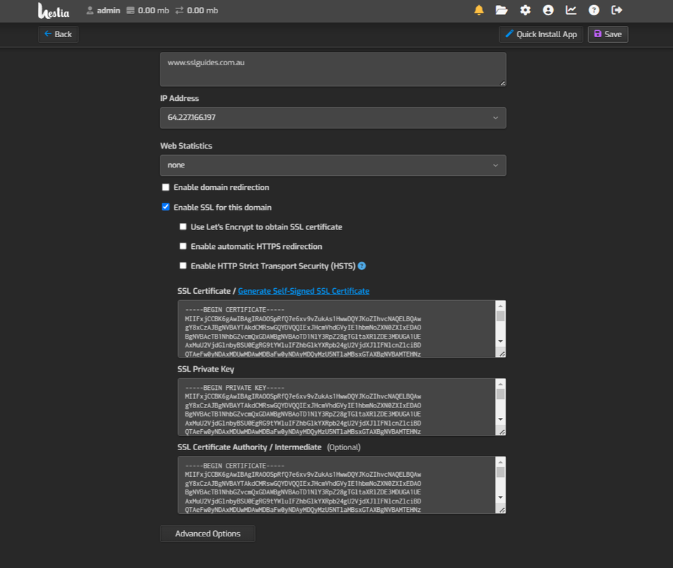 HestiaCP enter ssl details